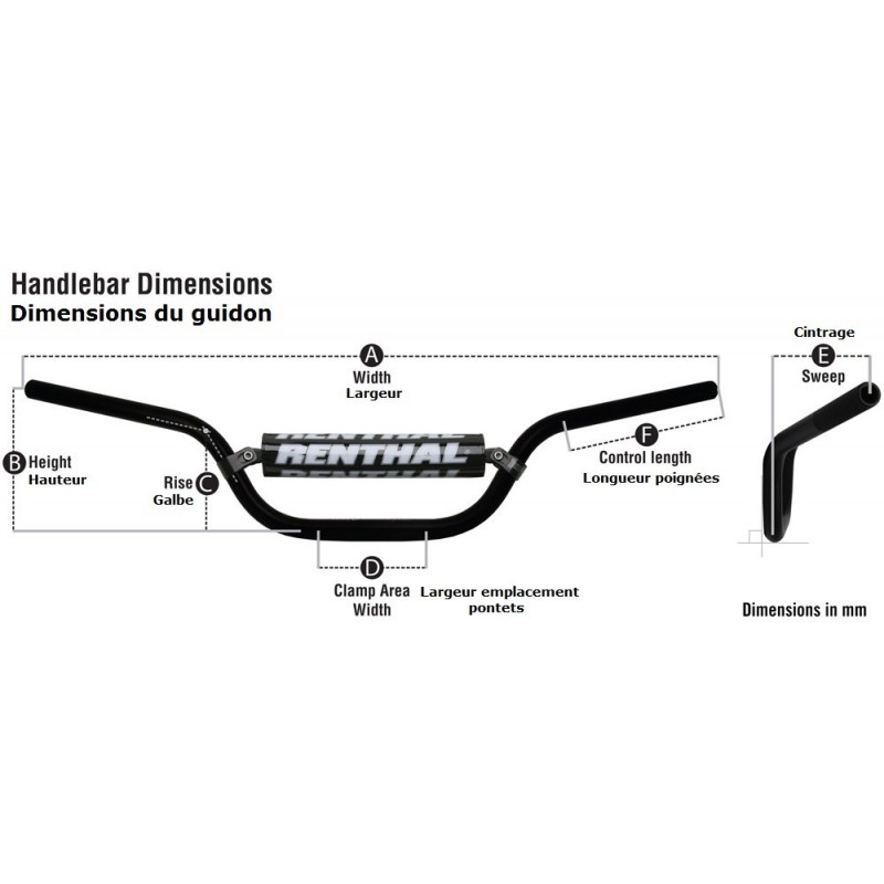 Guidon Ø22,2mm avec barre RENTHAL Classic Mini MX 100CC argent/mousse noire