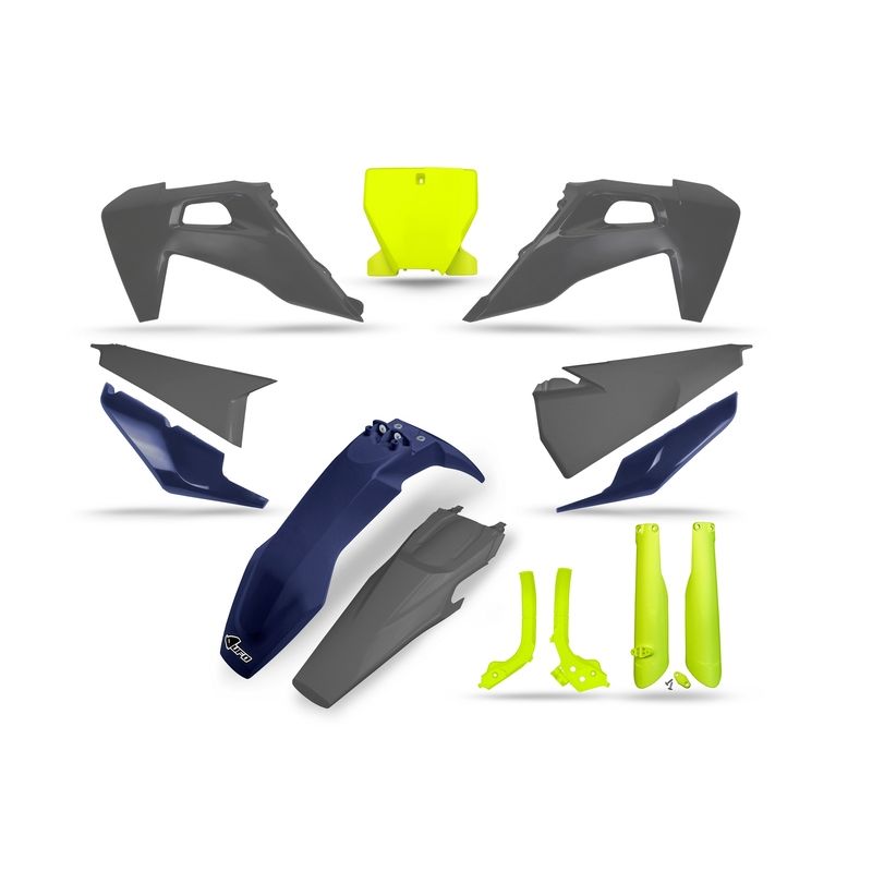 Kit plastiques UFO jaune fluo/bleu/gris - Husqvarna Kit plastiques UFO jaune fluo/bleu/gris - Husqvarna