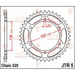 JTR5.43 REAR REPLACEMENT SPROCKET 43 TEETH 520 PITCH NATURAL C49 HIGH CARBON STEEL
