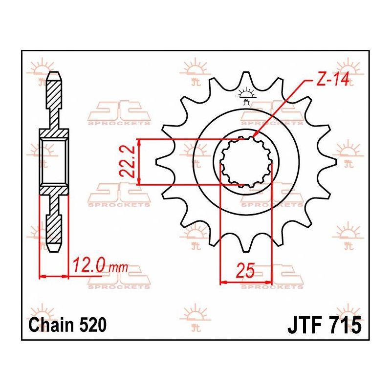 JTF715.12 FRONT REPLACEMENT SPROCKET 12 TEETH 520 PITCH NATURAL STEEL